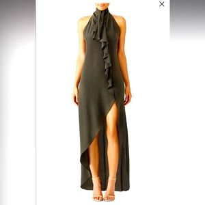 Haute Hippie Olive Asymmetrical Ruffle Gown 4